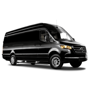 Black Sprinter limousine van available for rental in Los Angeles for groups of 8‑14 passengers
